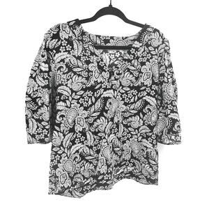 LOFT Top Women's L Black White Paisley 3/4 Sleeve V-Neck Boho Artsy Casual Chic